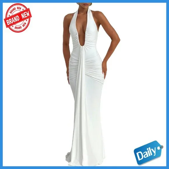 Deep V Neck Ruched Maxi Dress Formal Halter Gown Cocktail Evening - Picture 1 of 8